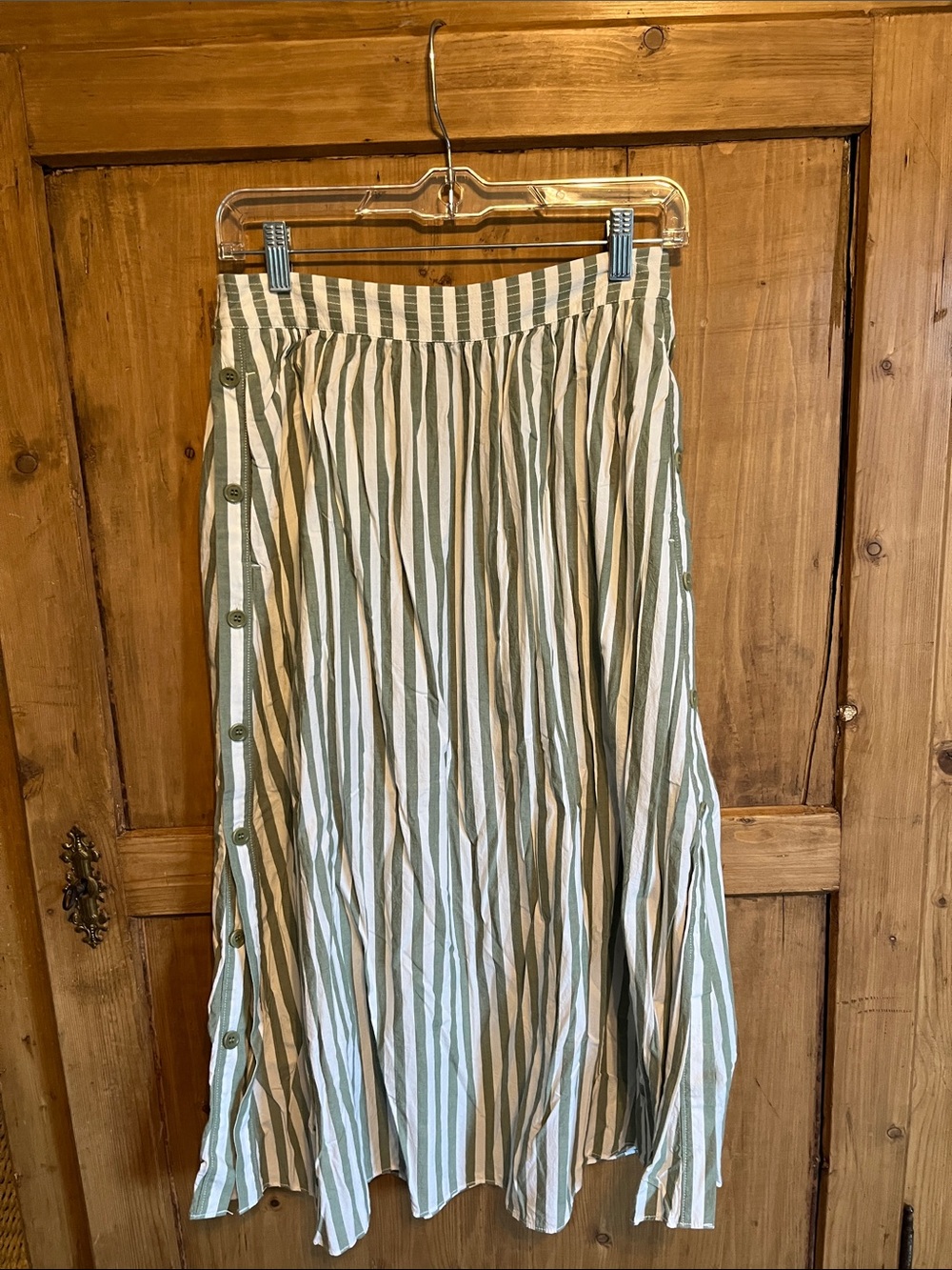 Madewell Striped Green and Cream Button-Side Maxi Skirt